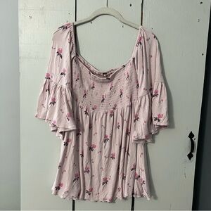 Free People Lana Cloudberry Floral Rusching Off Shoulder Tunic Medium